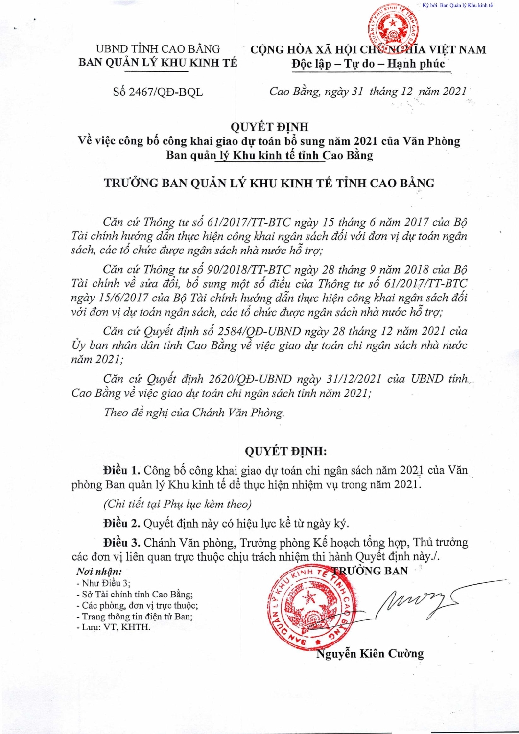 2467 qd bqlvv cong khai giao du toan nam 2021 cua van phong bqlkkt 1