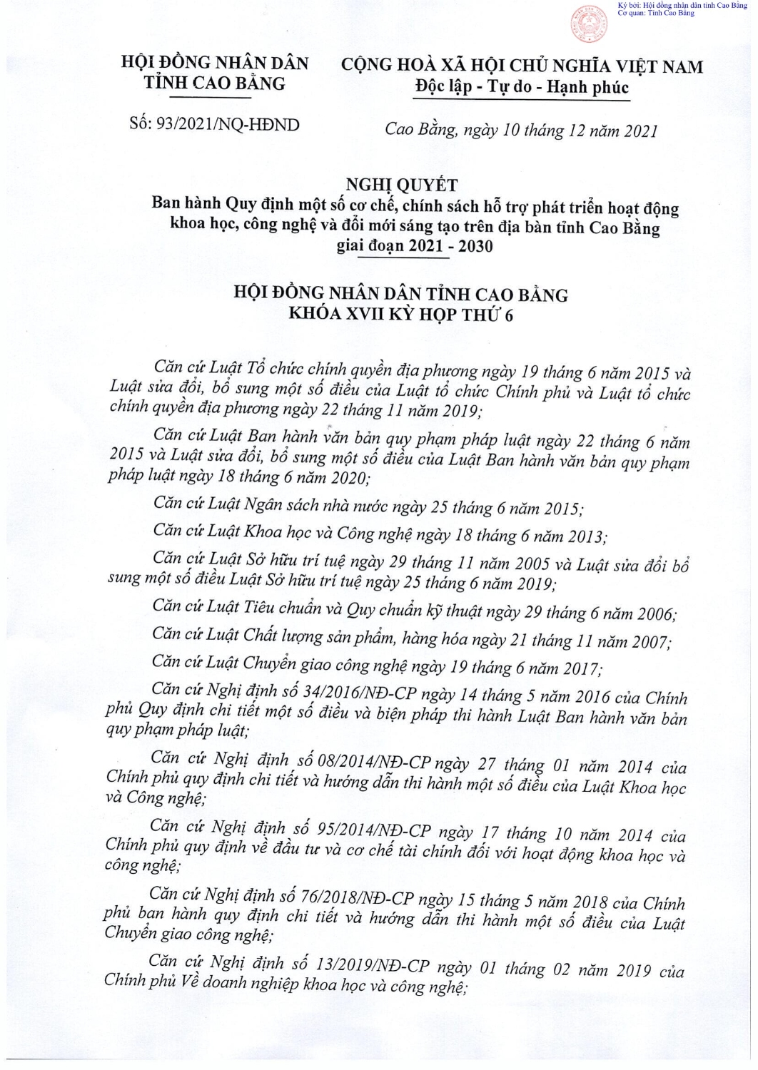 93 nghi quyet ban hanh quy dinh mot so co che chinh sach ho tro phat trien hoat dong khoa hoc cong nghe 1