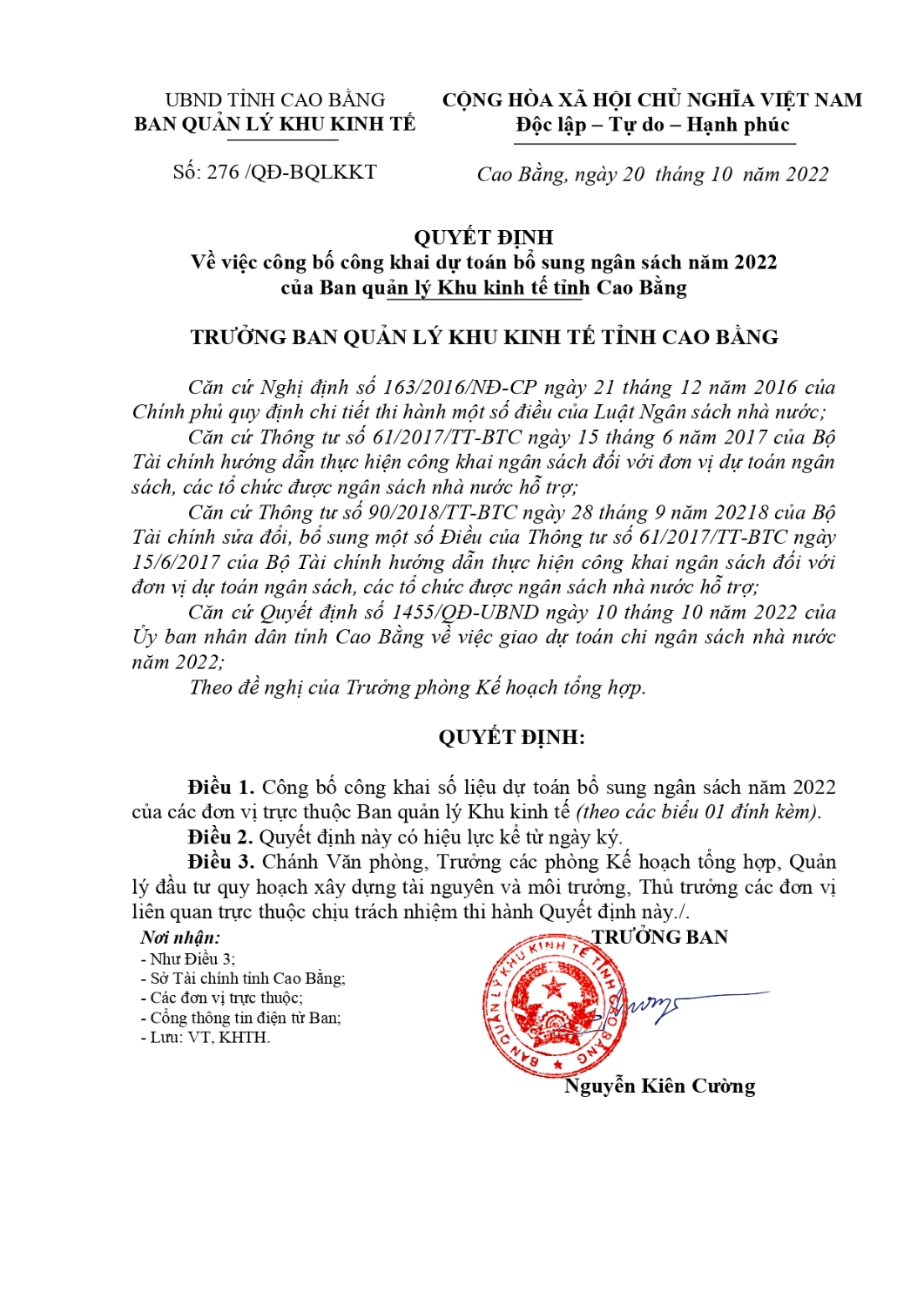 quyet dinh ve viec cong bo cong khai du toanbo sungngan sach nam 2022cua ban quan ly khu kinh te tinh cao bang page 0001