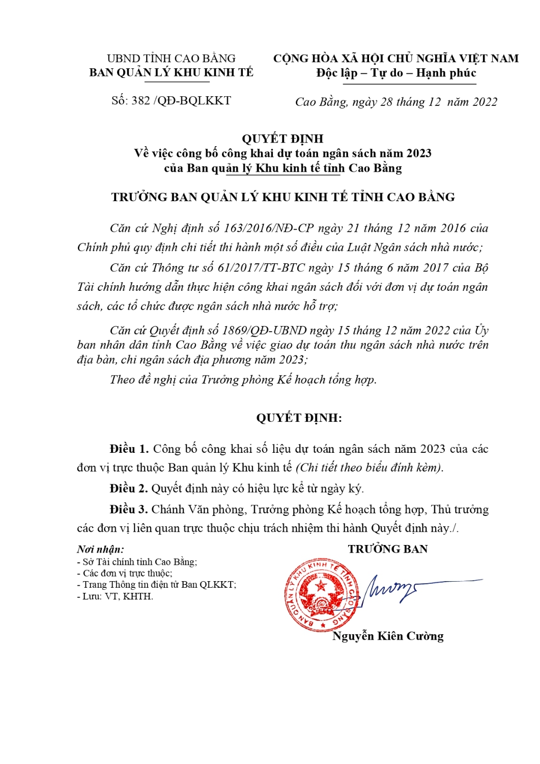 quyet dinh ve viec cong bo cong khai du toan ngan sach nam 2023 cua ban quan ly khu kinh te tinh cao bang page 0001