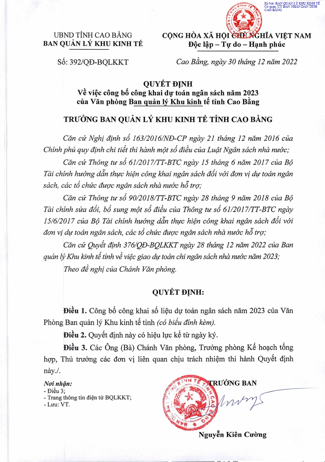 quyet dinh ve viec cong bo cong khai du toan ngan sach nam 2023 cua van phong ban quan ly khu kinh te tinh cb 30 12 2022 page 0001