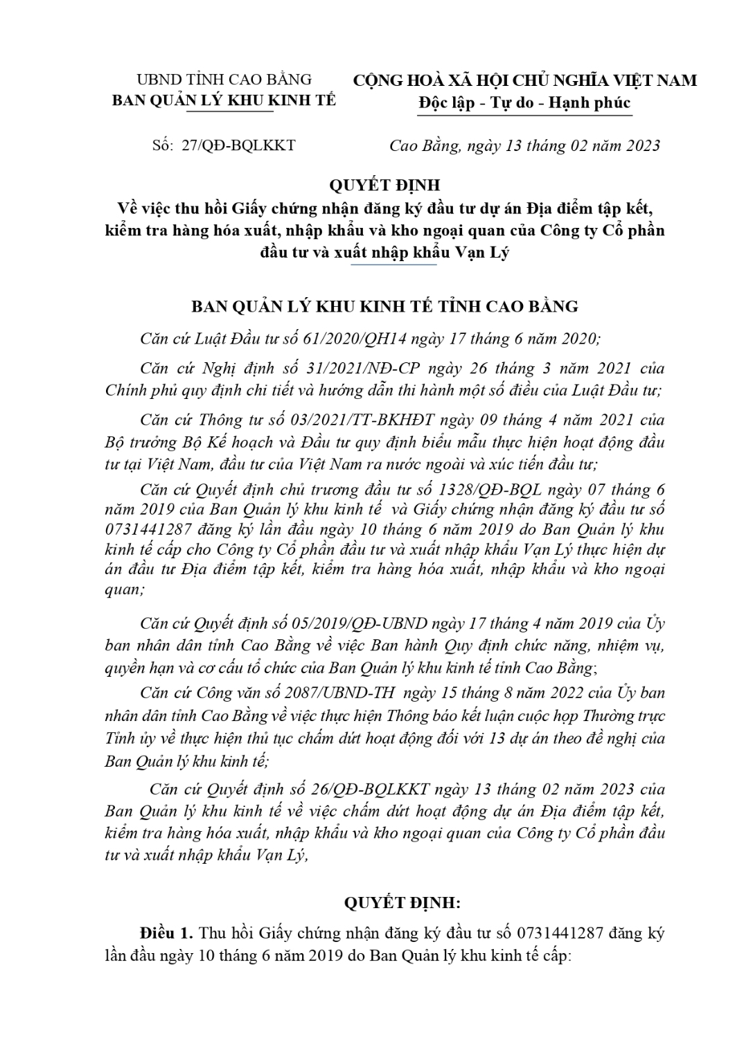 quyet dinh ve viec thu hoi giay chung nhan dang ky dau tu du an dia diem tap ket kiem tra hang hoa xuat nhap khau va kho ngoai quan cua cong ty co phan dau tu va xuat nhap page 0001