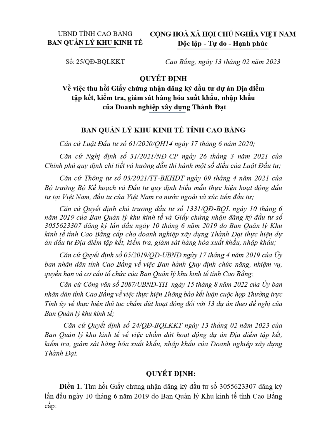 quyet dinhve viec thu hoi giay chung nhan dang ky dau tudu an dia diem tap ket kiem tra giam sat hang hoa xuat khau nhap khaucua doanh nghiep xay dung thanh dat page 0001