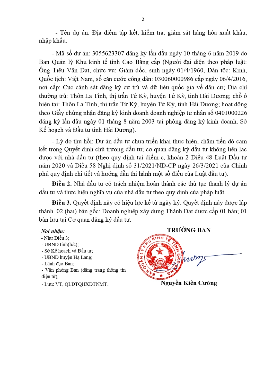 quyet dinhve viec thu hoi giay chung nhan dang ky dau tudu an dia diem tap ket kiem tra giam sat hang hoa xuat khau nhap khaucua doanh nghiep xay dung thanh dat page 0002